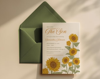Sunflower Baby Shower Invitation: Vintage Floral "Here Comes the Son" (Digital Download)
