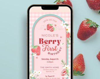 Berry First Birthday Invitation: Strawberry Party, Girl 1st Birthday (Canva Digital Download