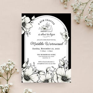 Baby Shower Invitation, A New Chapter Is About to Begin Storybook, Black & White Floral, Literary Theme Editable Canva Template