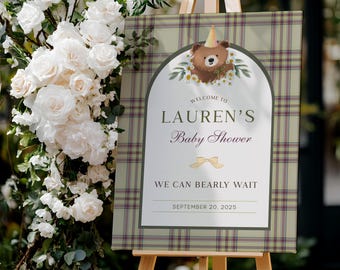 Teddy Bear Baby Shower Welcome Sign: Plaid, Neutral Colors (Canva Template Digital Download)