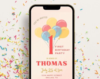 Animated Balloon 1st Birthday Invitation: Boy or Girl (Digital Download Canva Template)