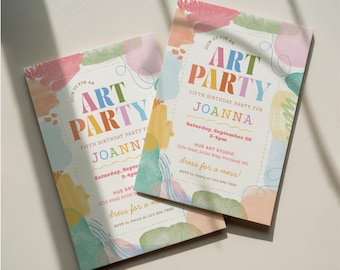 Art Birthday Party Invitation, Girl’s Pink Paint Invite, Canva Template Digital Download