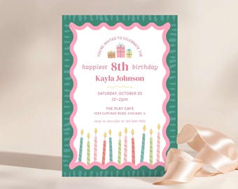 Girl's Birthday Party Invitation, 5x7" Colorful Pink Candles Design, Canva Template, Digital Download