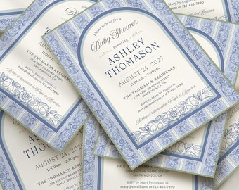 Blue Boy Baby Shower Invitation, 5x7" Elegant Floral Shower Canva Invite Template