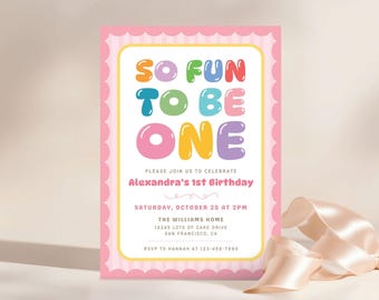 Rainbow Balloon 1st Birthday Invitation, Pink Fun-to-Be-One Party, Canva Digital Download