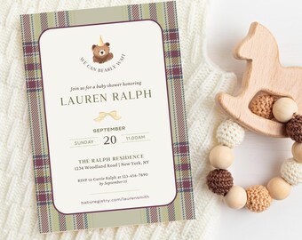 Gender Neutral Baby Shower Invitation, 5x7" Ralph Lauren Plaid Theme, Canva Template Digital Download