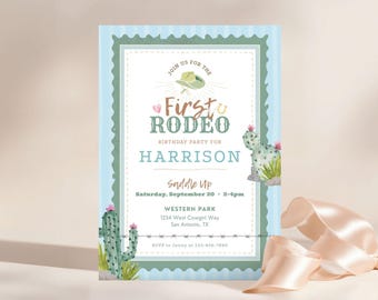 First Rodeo Birthday Invitation: Western Cowboy, 5x7 Canva Template (Digital Download)