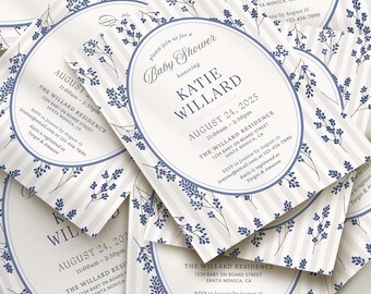 Blue Boy Floral Baby Shower Invitation, Elegant Coquette Style, Digital Download, 5x7" Canva Template