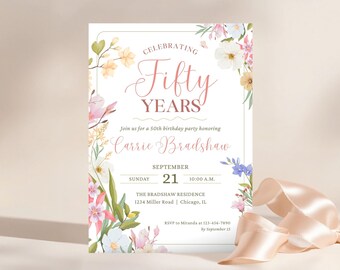 Floral Garden Birthday Invitation: Elegant Wildflower Party (Canva Pro Template, Digital Download)