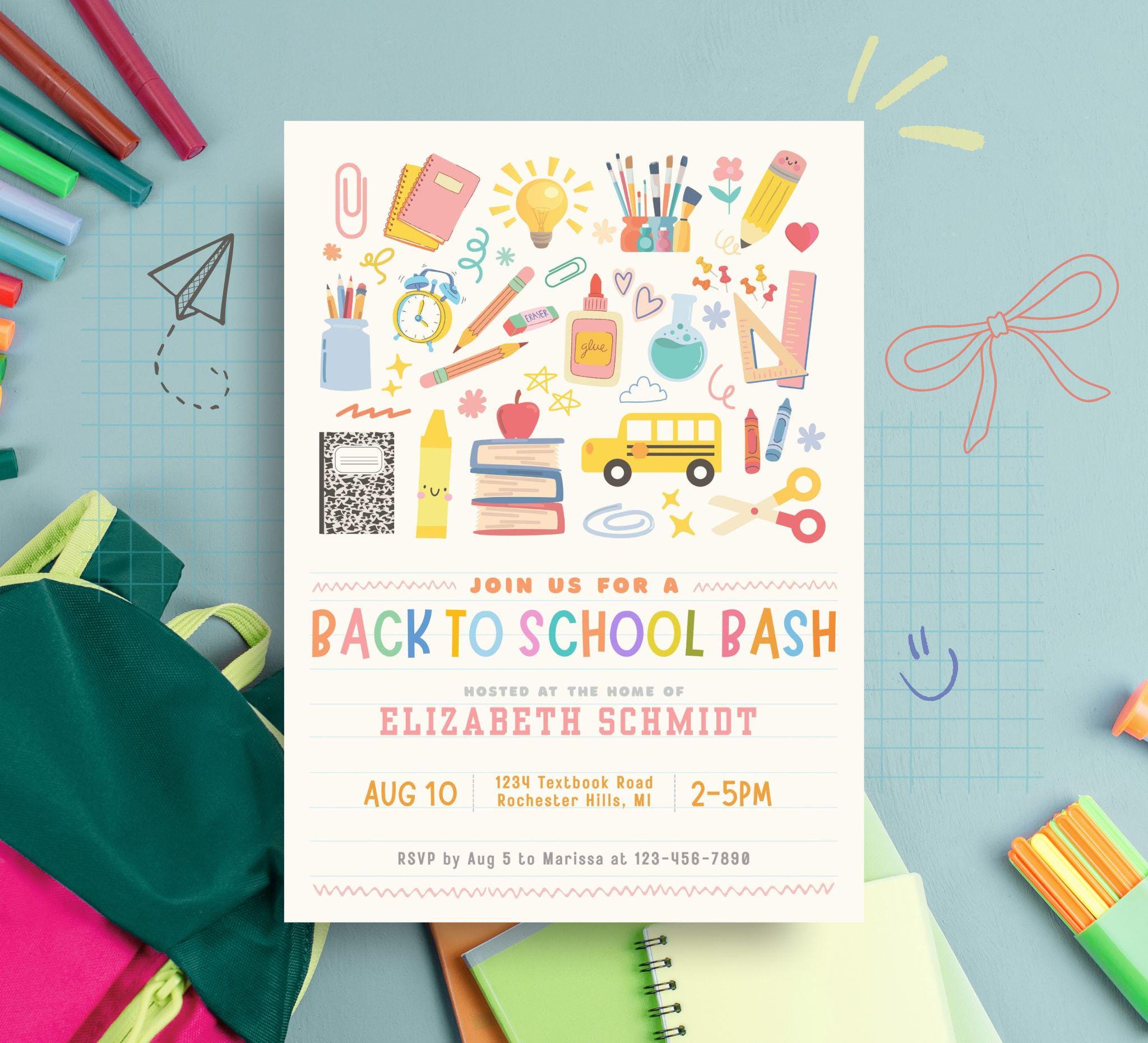 Back to School Party Bash Invitation, Editable Open House Welcome Back to School evite, End of Summer Bash, Digital Download Canva Template