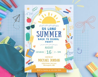 Back to School Party Invitation, Editable So Long Summer Invite, Printable Digital Download, Back to School Bash Canva Template