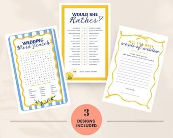 Wedding Shower Game Bundle, Italian Lemon Theme, Printable Bridal Games, PDF Download Half Sheet