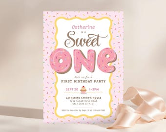 Sweet One Donut 1st Birthday Invitation: Pink Theme, Thank You Tags (Digital Download)