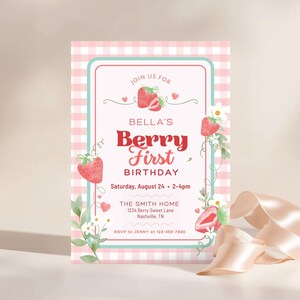 Berry First Birthday Invitation: Strawberry Theme, Pink (Canva Digital Download, Printable Template)