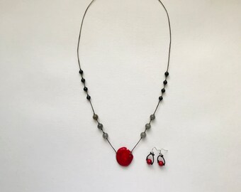 Red Bamboo Coral Pendant Necklace and Red Stone Earring Set