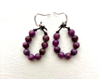 Purple Jasper Bead and Leather Cord Earrings