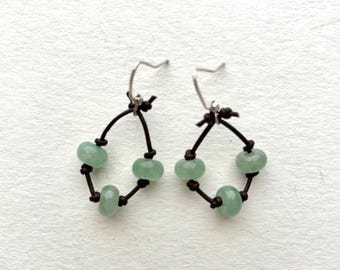 Light Green Agate Trio Bead and Leather Cord Earrings
