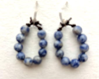 Blue Marbled Bead and Leather Cord Earrings