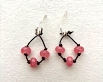 Bright Pink Agate Trio Bead and Leather Cord Earrings