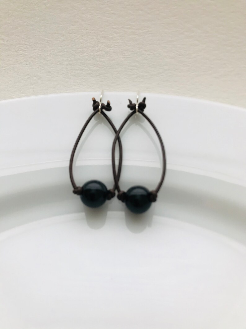 Obsidian Bead and Leather Cord Earrings