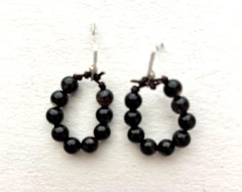 Obsidian Bead and Leather Cord Earrings