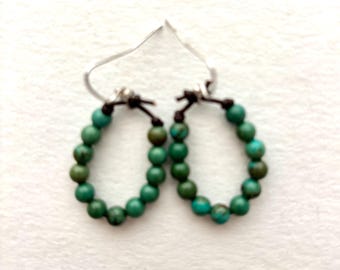 Green Turquoise and Leather Cord Earrings