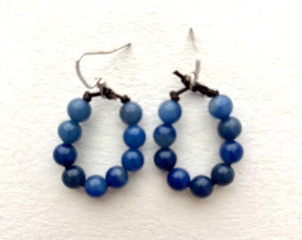 Blue Aventurine Bead and Leather Cord Earrings