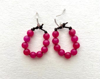 Hot Pink Bead and Leather Cord Earrings