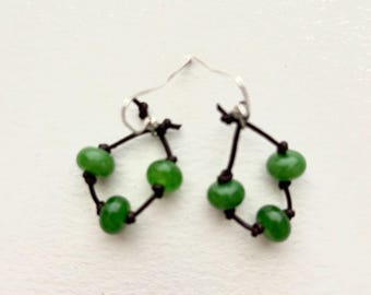 Green Agate Trio Bead and Leather Cord Earrings