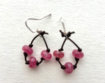 Rose Pink Agate Trio Bead and Leather Cord Earrings