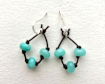 Sky Blue Agate Trio Bead and Leather Cord Earrings