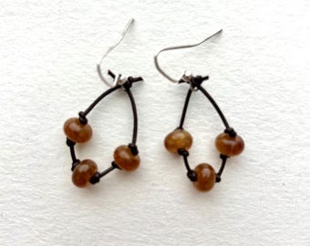 Honey Agate Trio Bead and Leather Cord Earrings