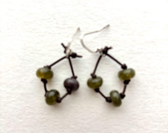 Dark Olive Agate Trio Bead and Leather Cord Earrings