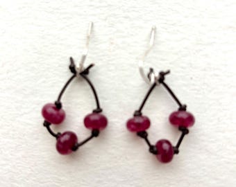 Raspberry Agate Trio Bead and Leather Cord Earrings