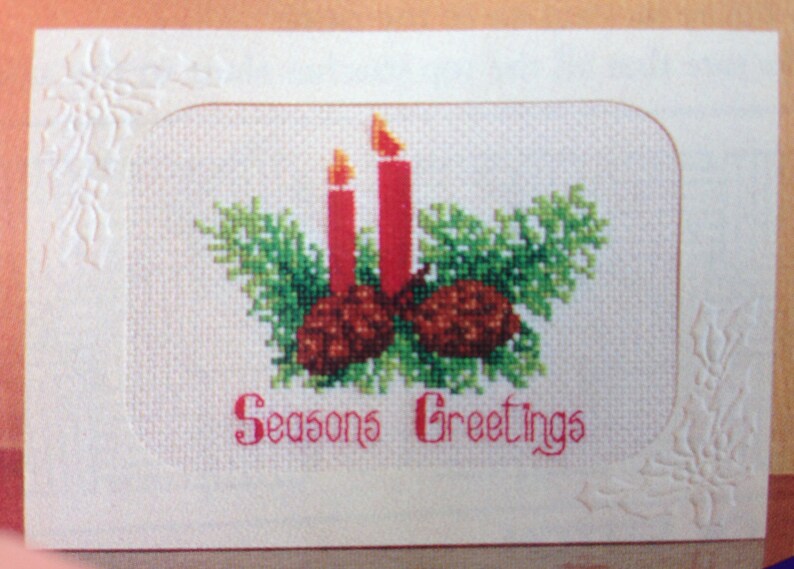 Christmas Card design in counted cross stitch Candles in Pine Mantle display
