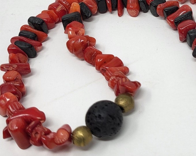 Red Coral  Chips and Black Dye Wood Chips Necklace