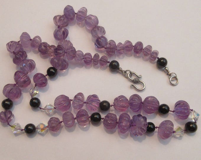 Long Single Strand  Rainbow Fluorite and Polished Onyx Hand-beaded Necklace