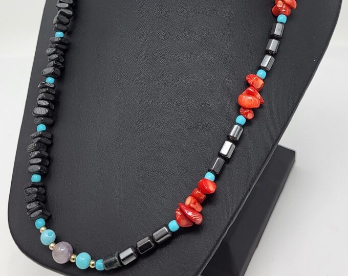 Black Wood Chips and Red Coral Chips Necklace