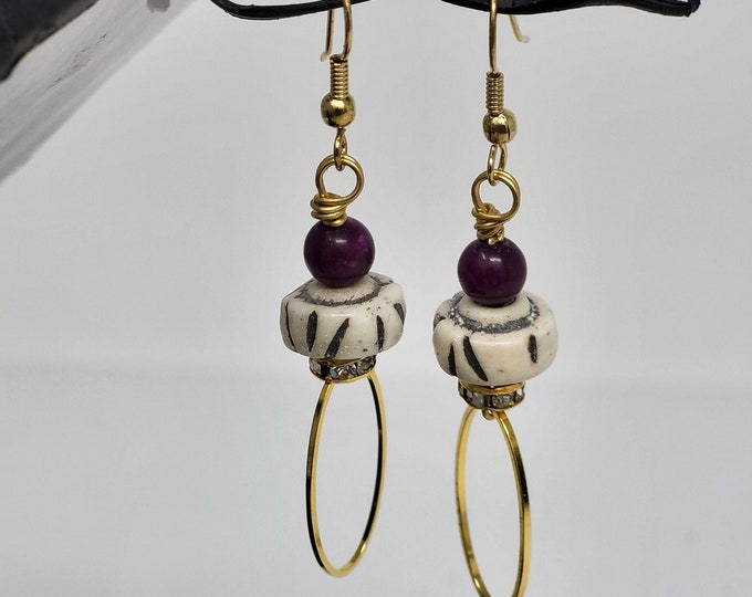 Unique, Bone beads and Amethyst earrings