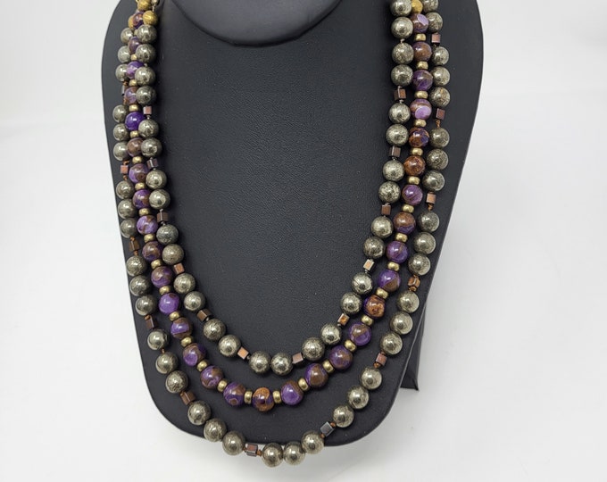 Three strand handmade necklace with gem stones