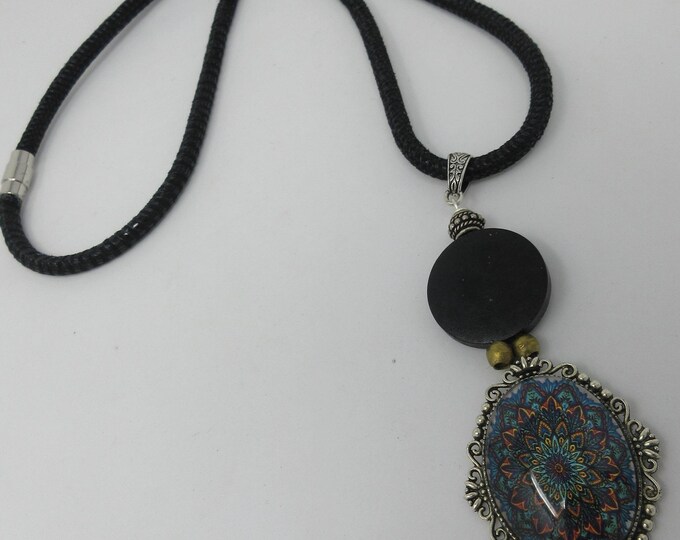 Black Cord Necklace with Painted Wood/Metal Pendant