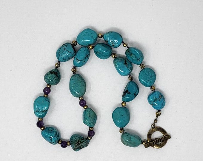 Blue Turquoise Nugget Chunks and Amethysts Beads Necklace
