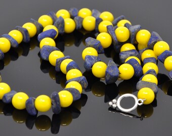 Single Strand yellow Glass Beads with rustic Lapis-Lazuli Hand-beaded Necklace