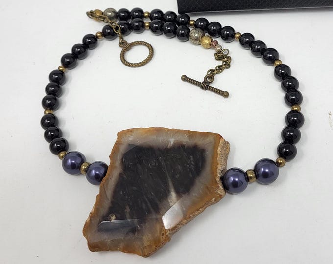 Black beads and Natural stone pendant