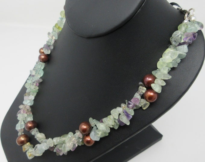 Two Strands choker - green quartz chips and dyed brown freshwater pearls