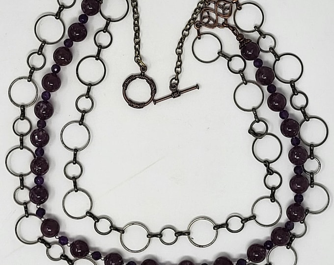 Crystal  Quartz and Brass Three Strands Necklace