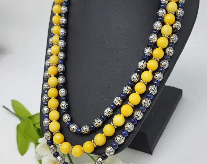 Three strand Hand beaded necklace: Lapis Lazuli and Yellow Dyed Jade