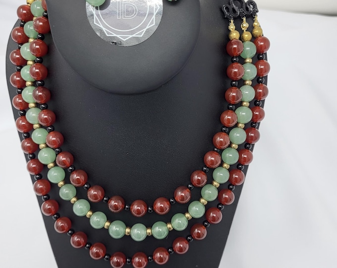 Natural Stones three strand Necklace and Earrings Set