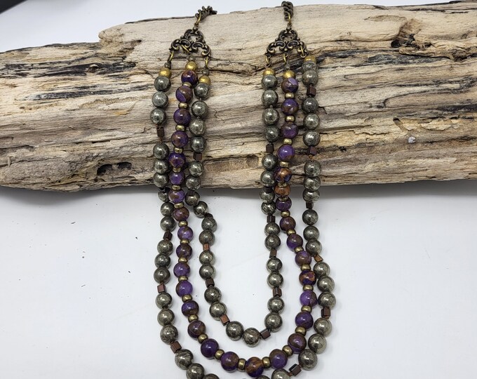 Three strand handmade necklace of  pyrite and amethyst gem stones