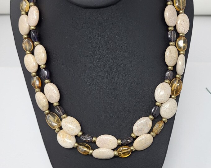 Two Strand Natural Fossil and Glass Beads Necklace